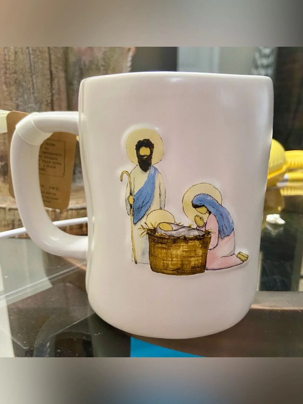 Rae Dunn Joy to the World White Ceramic Mug with Nativity Scene on other side